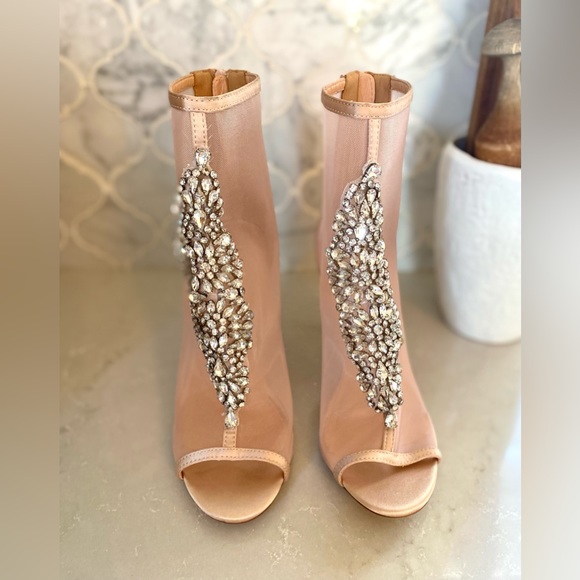 Lulu’s Hanakun Rose Gold Satin Rhinestone Peep toe Booties - Picture 10 of 14